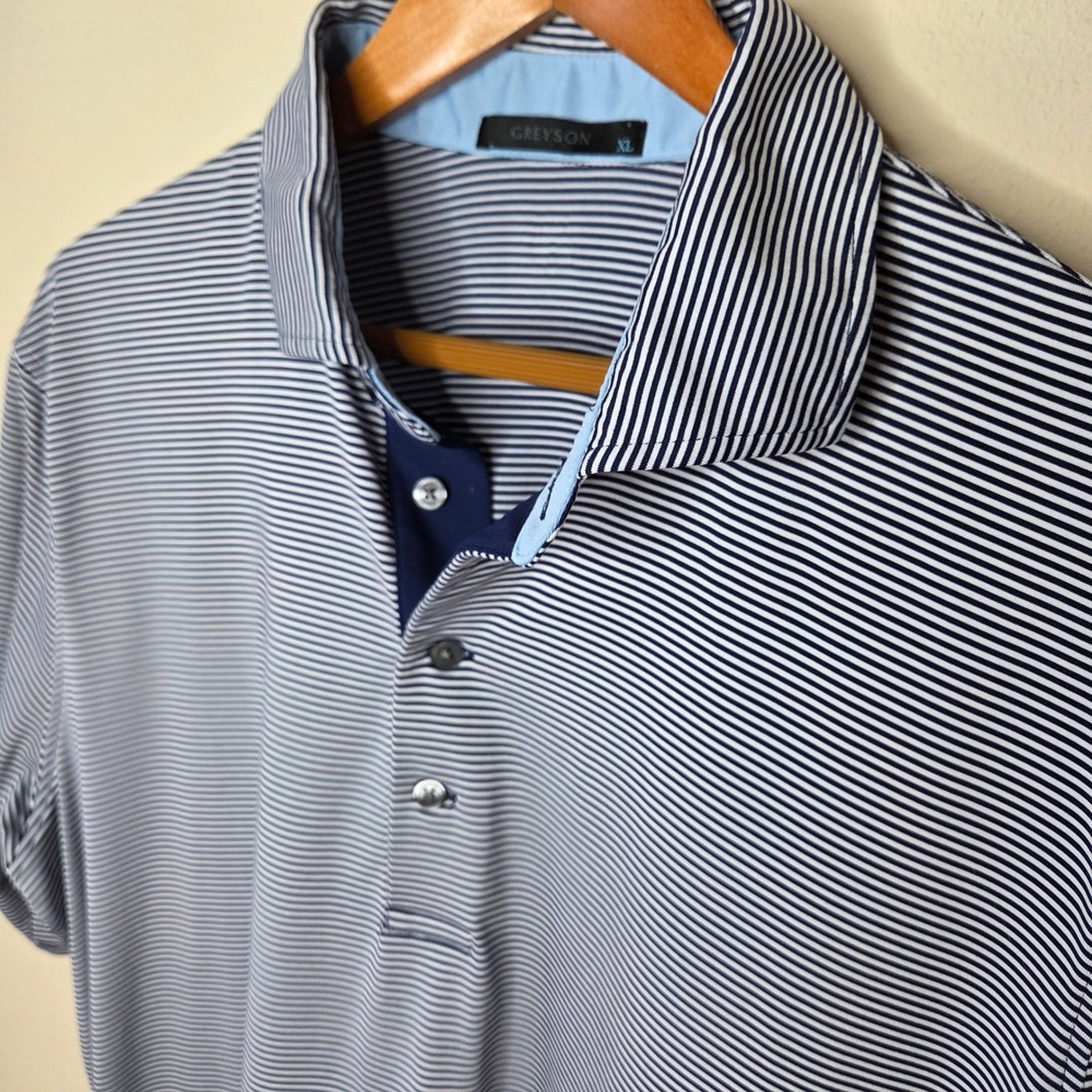 Greyson Mens XL Striped Performance Golf Polo Shirt Navy White Short Sleeve - Picture 3 of 7